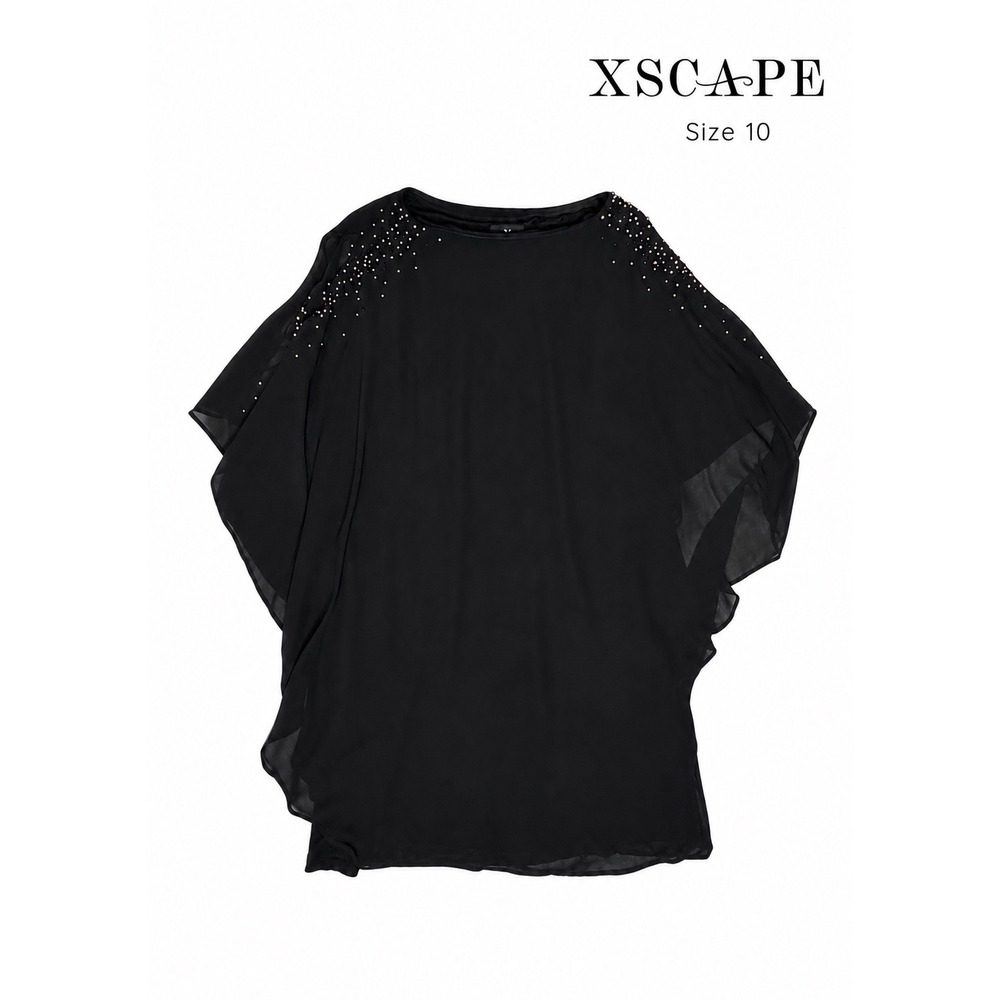 X by Xscape Dress Size 10 Black Chiffon Cape Sleeve Evening Rhinestone Cocktail